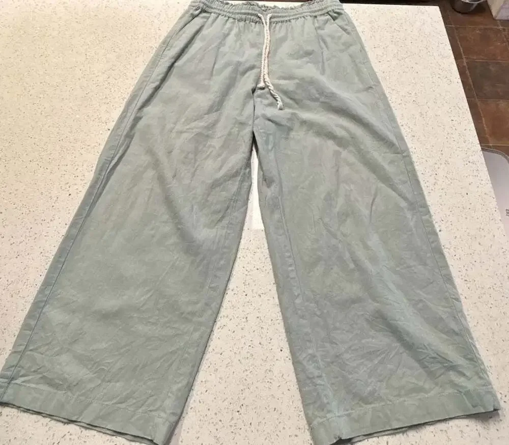 J.Crew Factory Women's Sage Green Linen Cotton Blend Wide-Leg Paper-Bag Pants Si